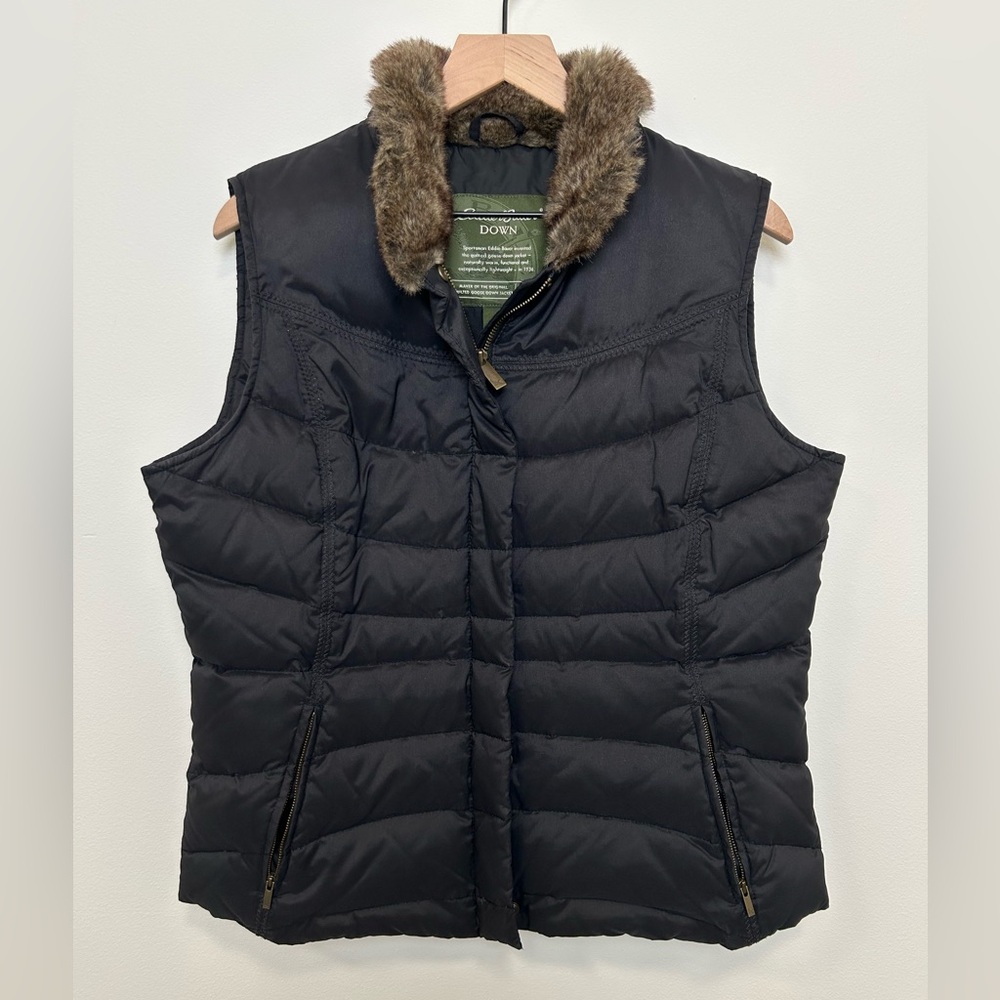 Eddie Bauer Down Puffer Vest Black Faux Fur Collar Women’s L